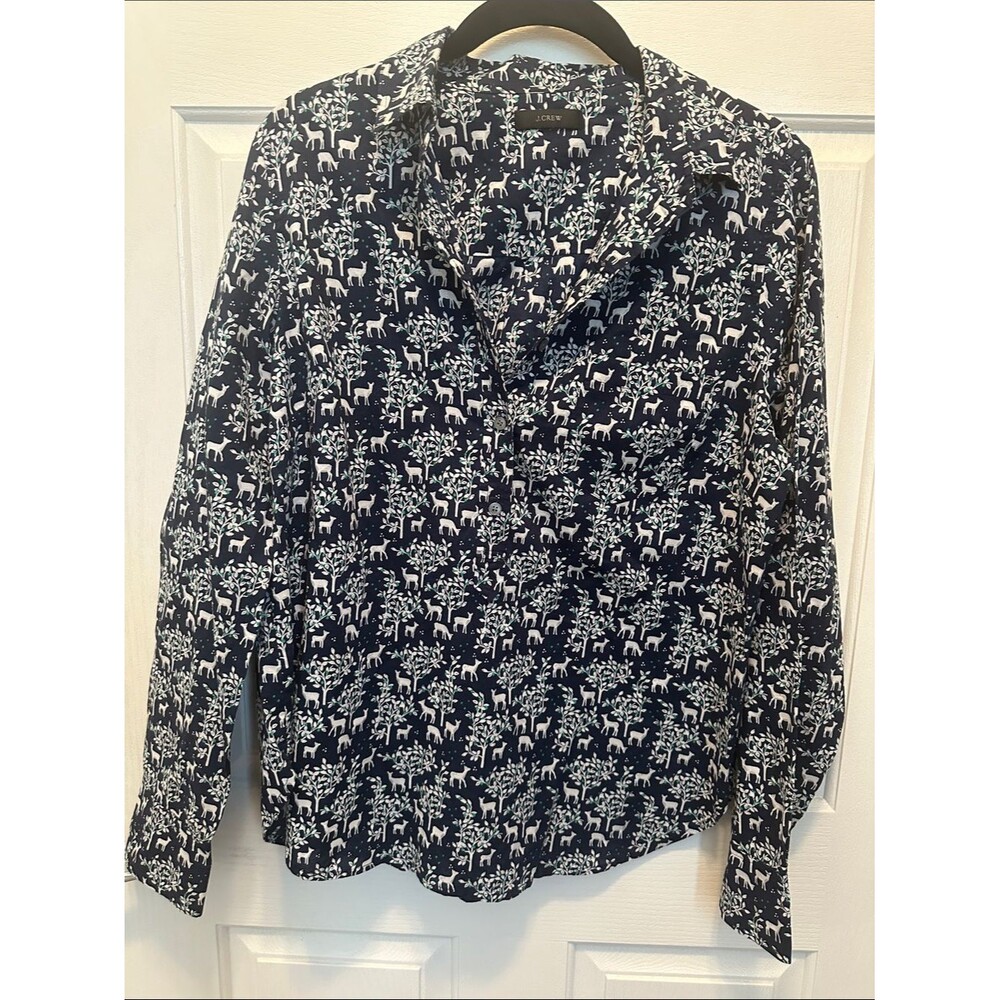 J. Crew Navy Blouse with White Deer & Tree Print Lightweight 100% Cotton